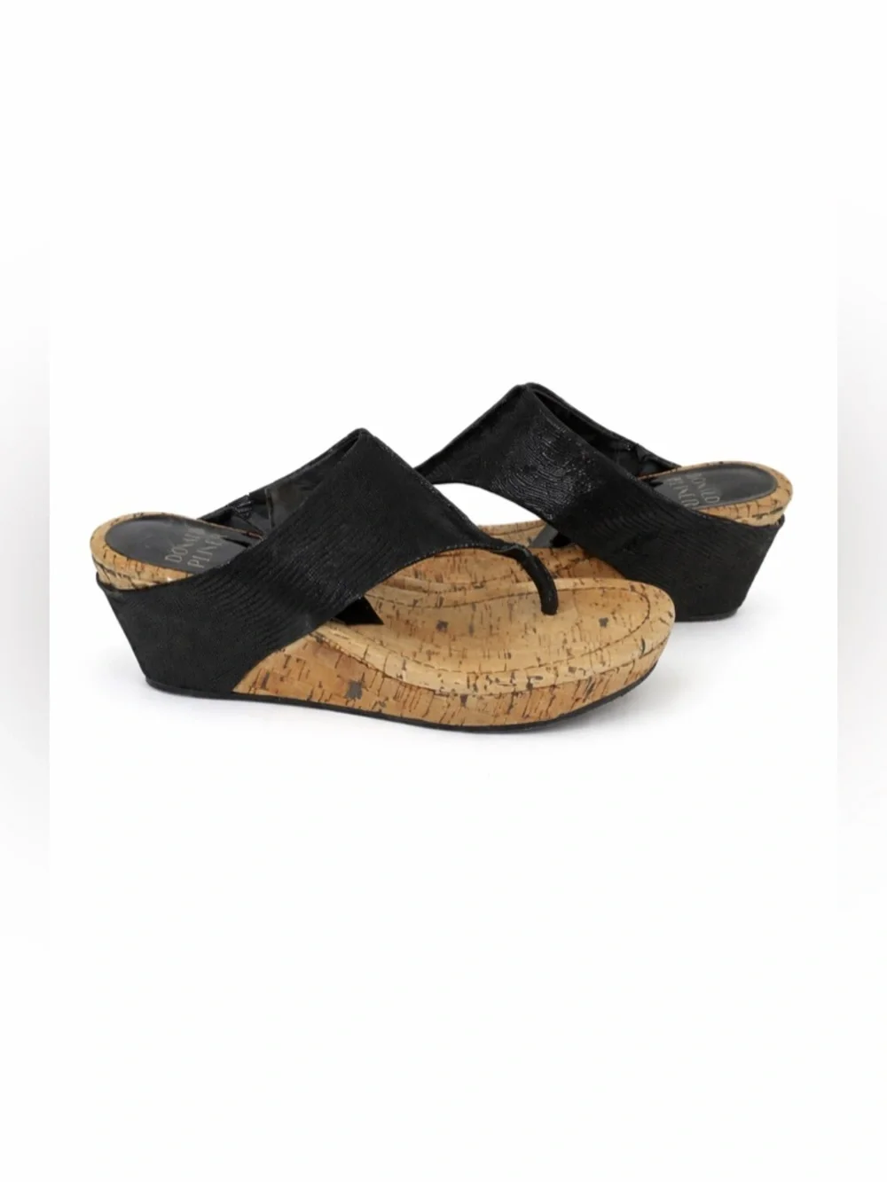 DONALD PLINER Women's Black Leather Cork GIL Wedge Flip Flops Sandals 8